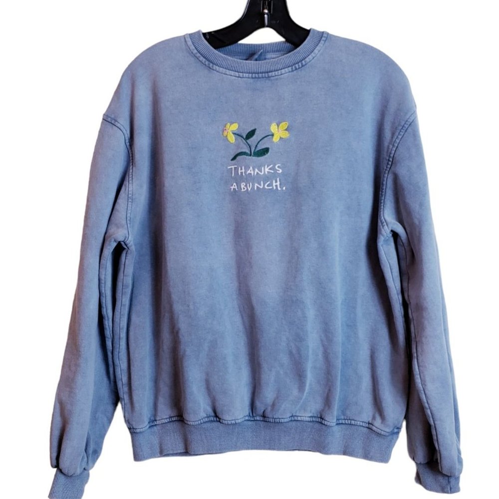 Urban Outfitter Womens Sweatshirt Small Blue Long Sleeve Embroidered Flower
